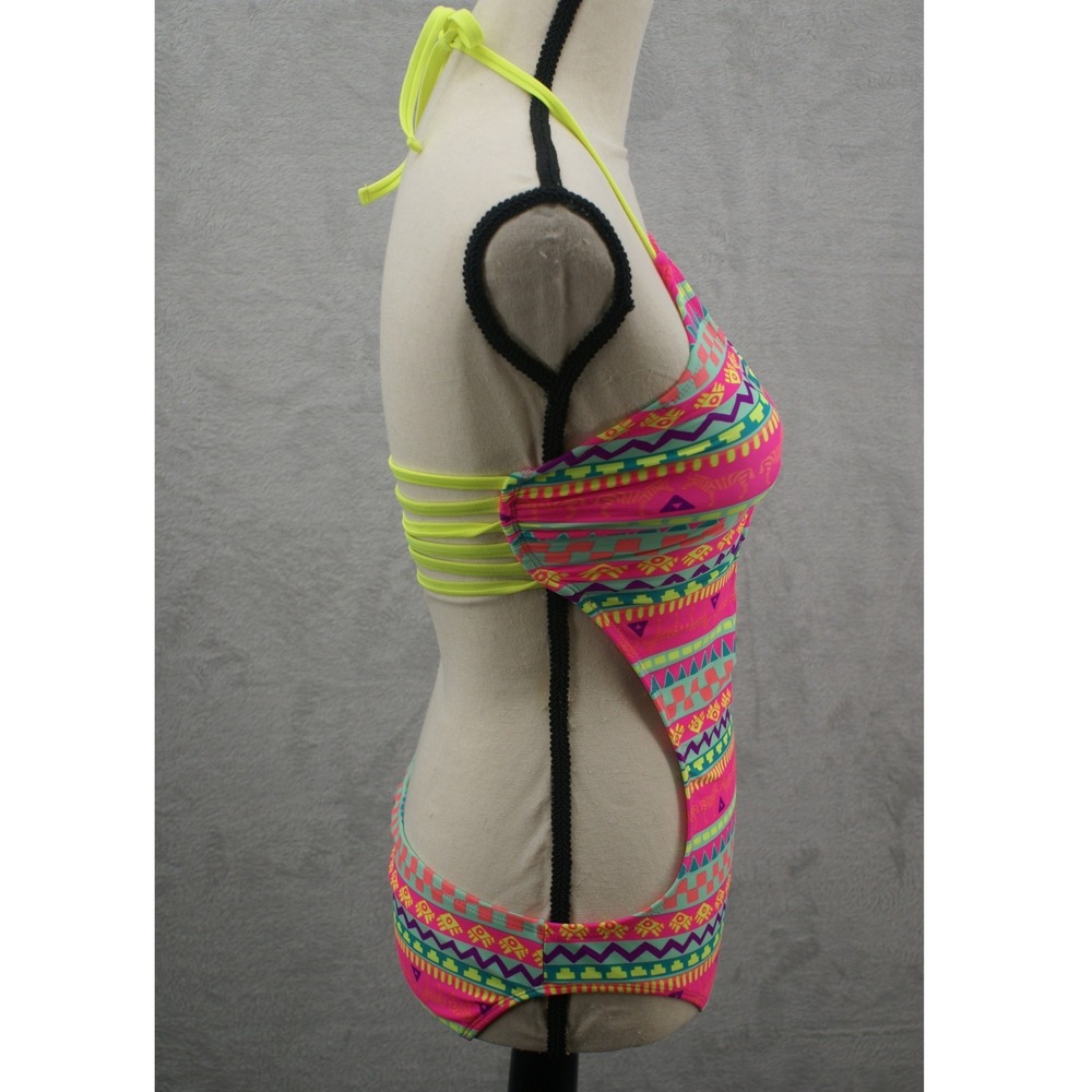 OP Ocean Pacific Womens Neon Tribal Print Monokini Cutout Swimsuit Multi M 7-9 - Picture 4 of 13